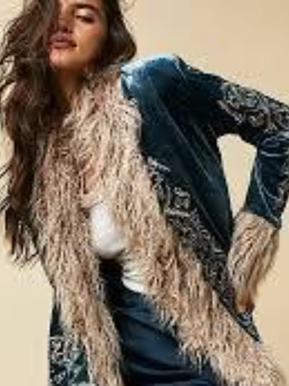 Free People Moon Glow Coat Sapphire Blue Velvet Faux Fur - L - Picture 3 of 7